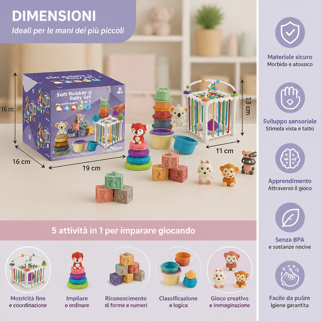 Set Sensoriale Montessori 5-in-1 per Neonati in Gomma Morbida con Giochi per Impilare e Ordinare – 26 Pezzi
