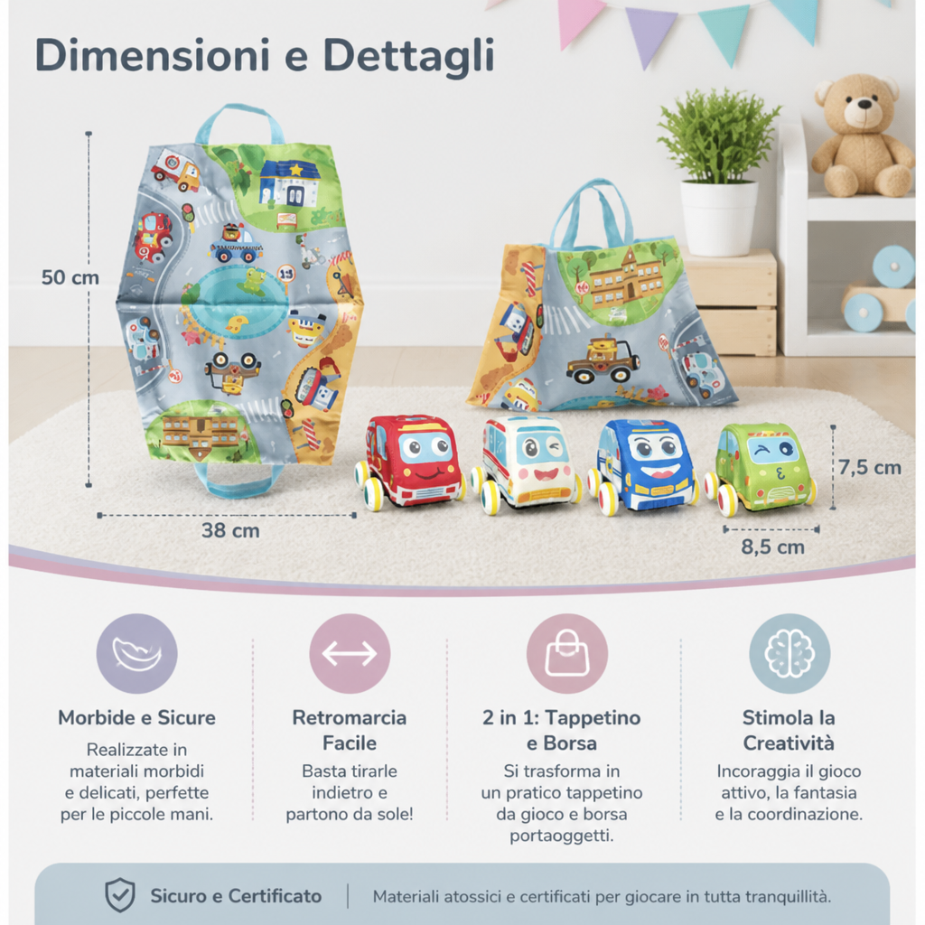 Set di Auto Morbide in Peluche con Retromarcia, Tappetino da Gioco 2 in 1 e Borsa Portaoggetti