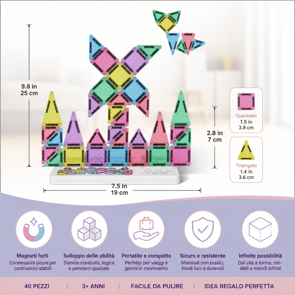 Piastrelle magnetiche compatte – Set Montessori da viaggio da 40 pezzi