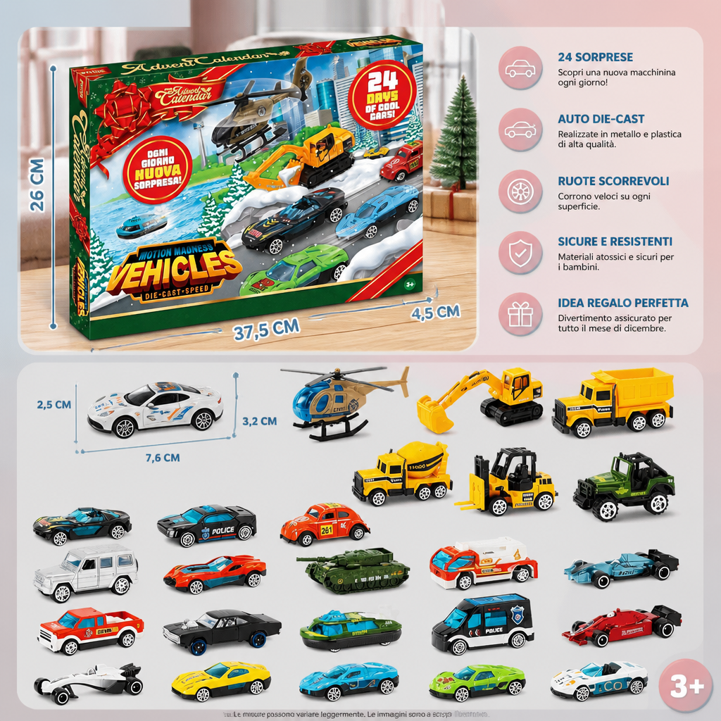 Calendario dell'Avvento di Natale con Auto Die-Cast per Bambini