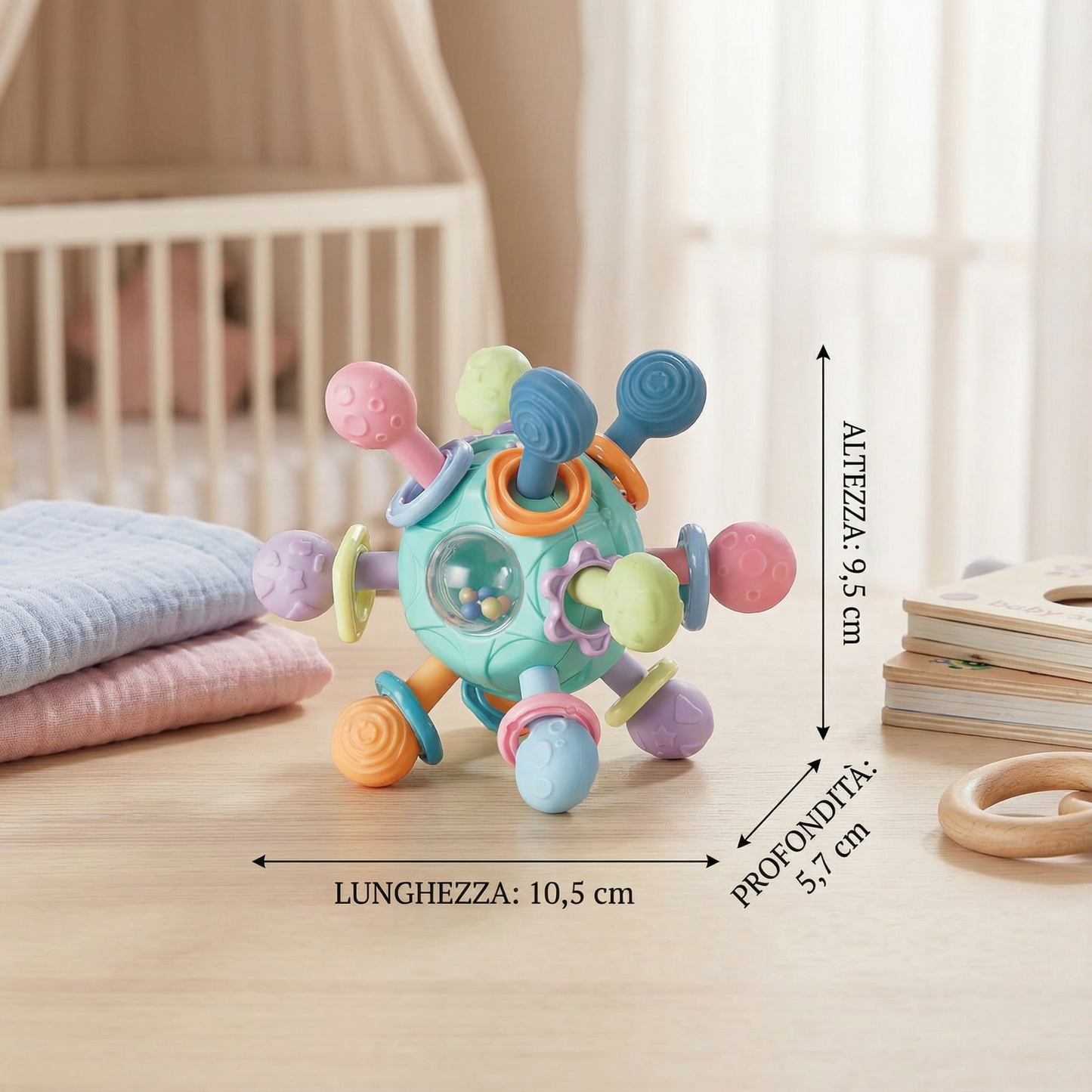 Palla sensoriale per neonati con anello da dentizione in silicone e sonaglio