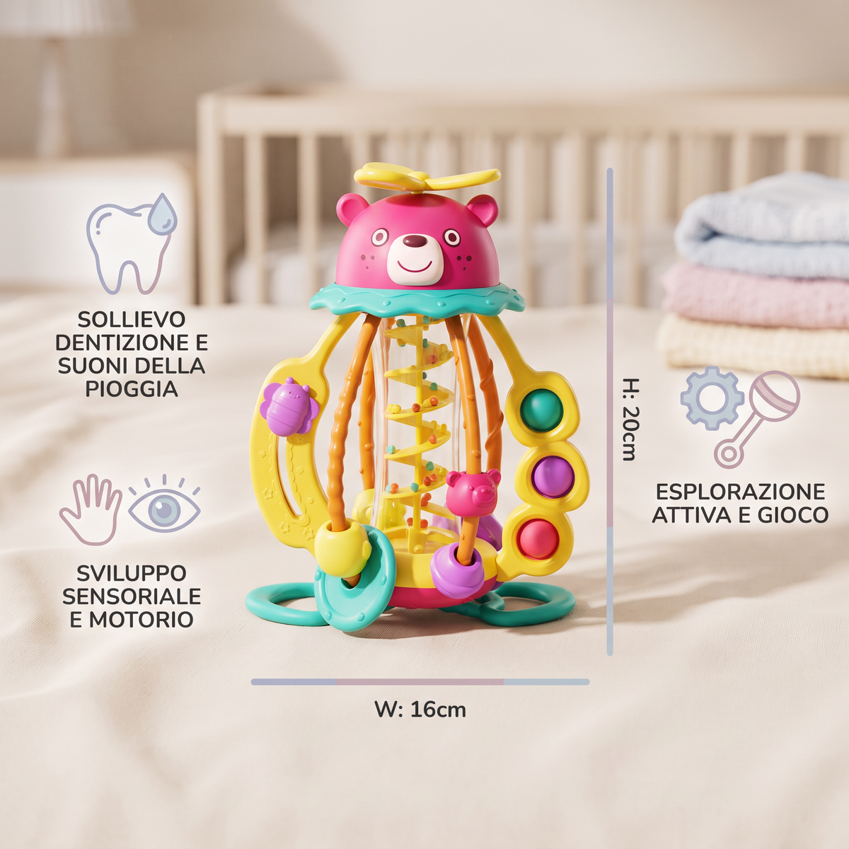 Giocattolo da Dentizione Multisensoriale 3 in 1 con Cordini da Tirare, Sonaglio e Suoni della Pioggia per Neonati
