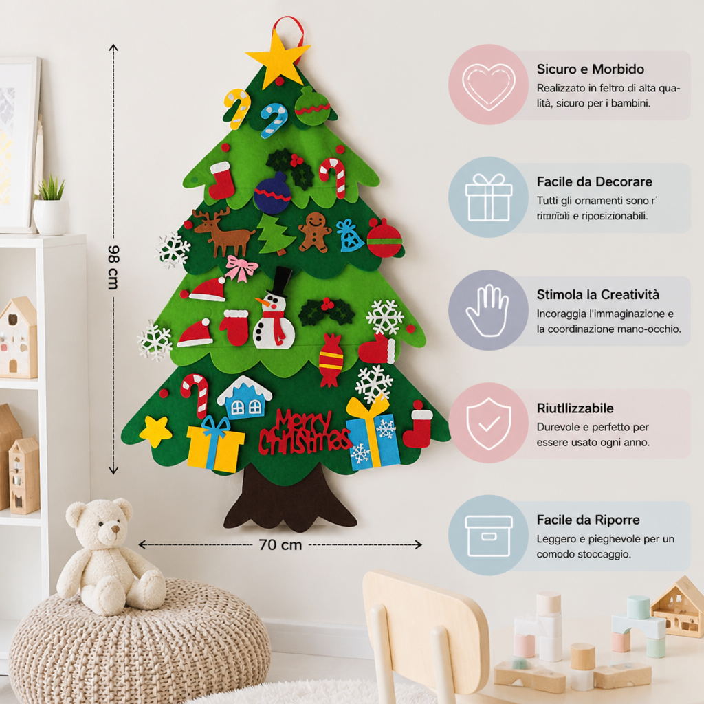 Albero di Natale in Feltro Fai da Te per Bambini con Decorazioni da Appendere