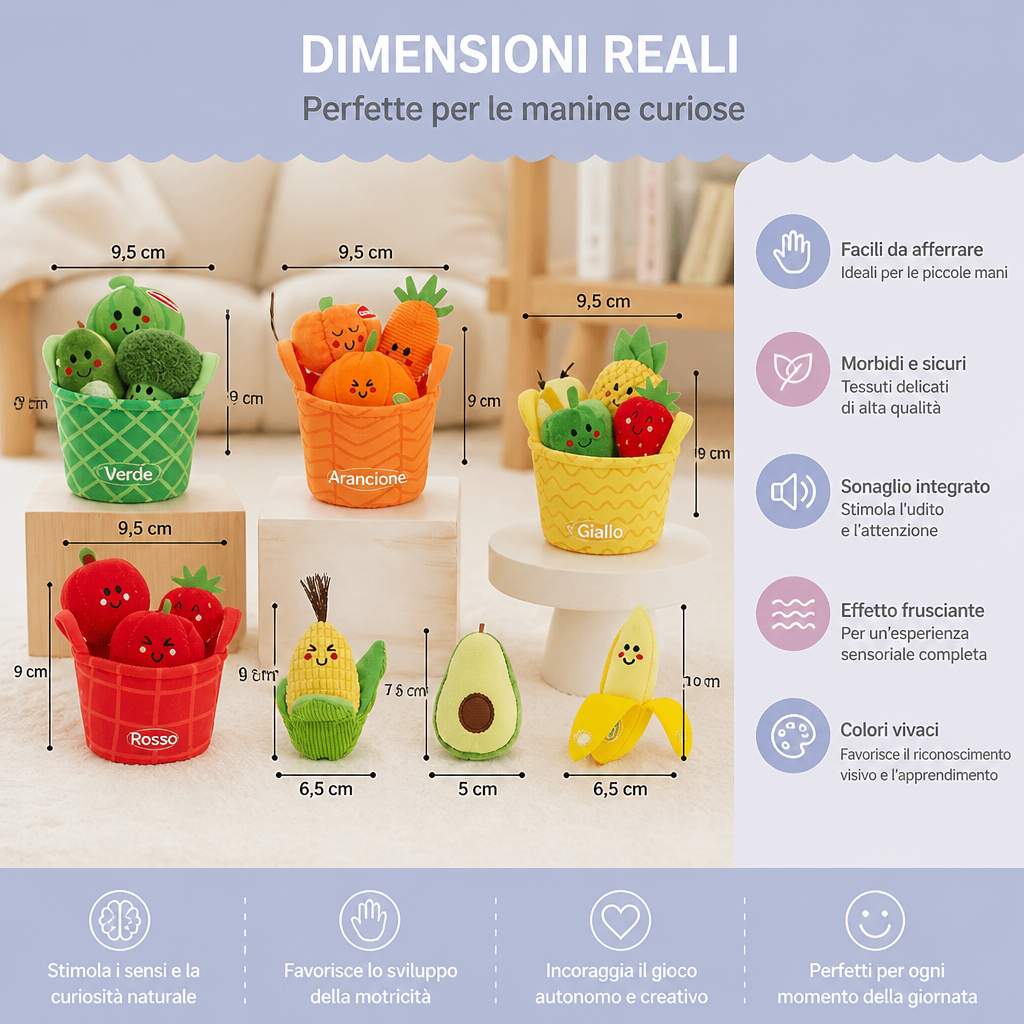 Morbido Gioco Educativo di Frutta e Verdura per Neonati – Set da 4 Pezzi per Imparare i Colori con Sonaglio ed Effetto Frusciante