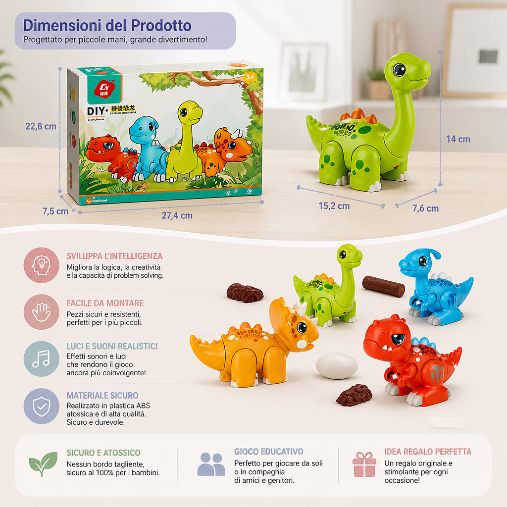 Giocattolo STEM Educativo a Tema Dinosauri di Facile Montaggio con Luci e Suoni