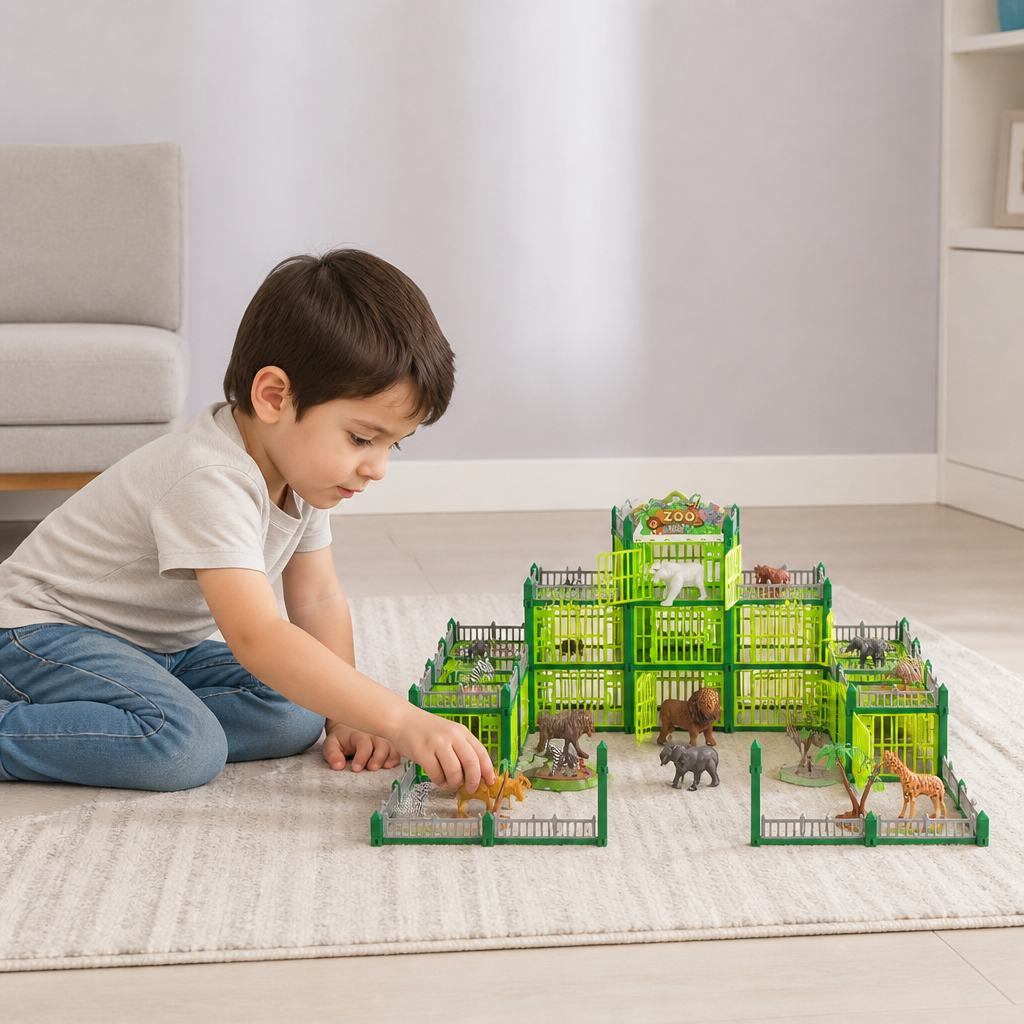 Set da Gioco Modulare per Costruire il Proprio Zoo con Figure di Animali e Gabbie Interattive