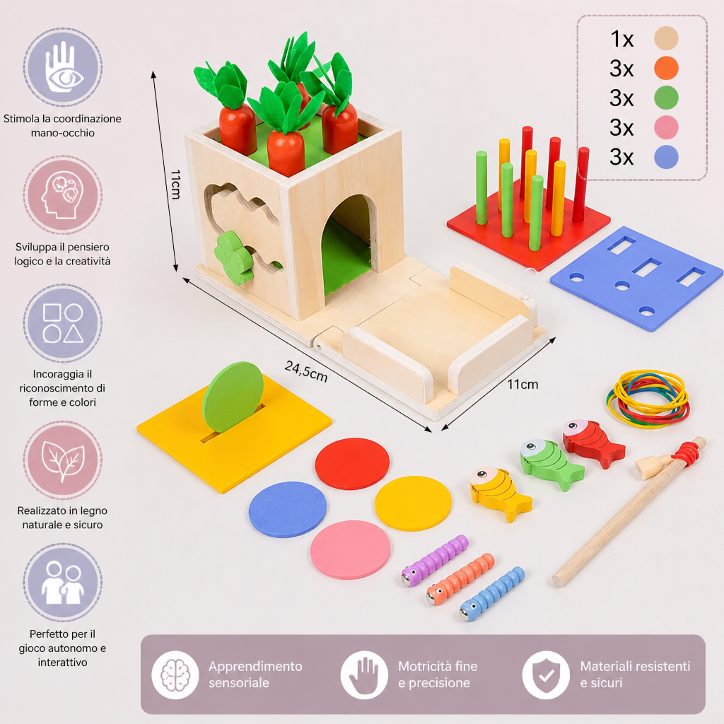 Cubo Educativo Montessori in Legno 6-in-1 con Forme e Figure