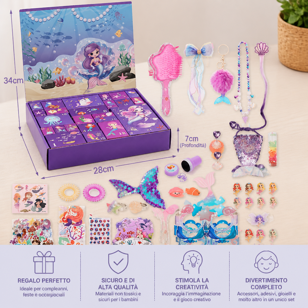 Calendario dell’Avvento da 24 Giorni a Tema Sirena con Accessori per Capelli, Adesivi e Regali Sorpresa