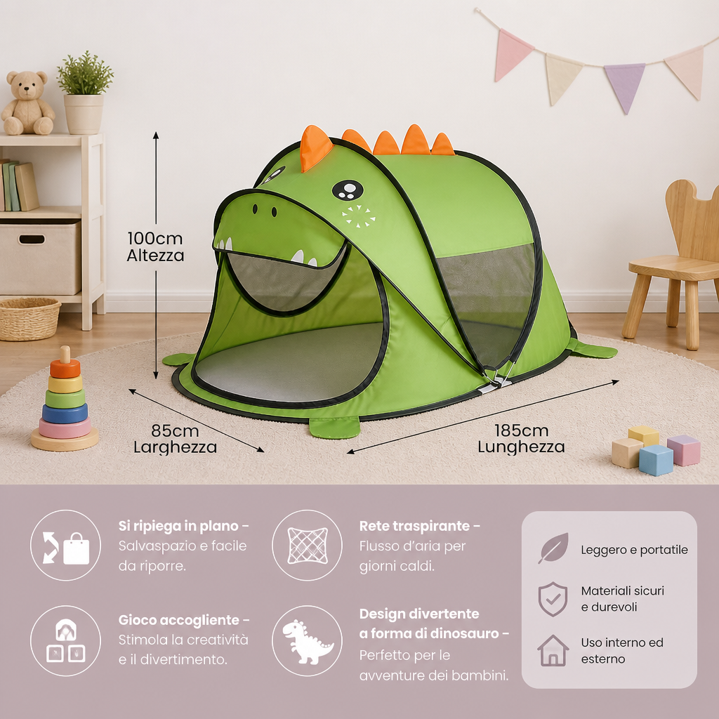 Tenda Gioco Dino Pieghevole per Bambini – Perfetta per le Giornate Calde e i Momenti di Gioco Accoglienti