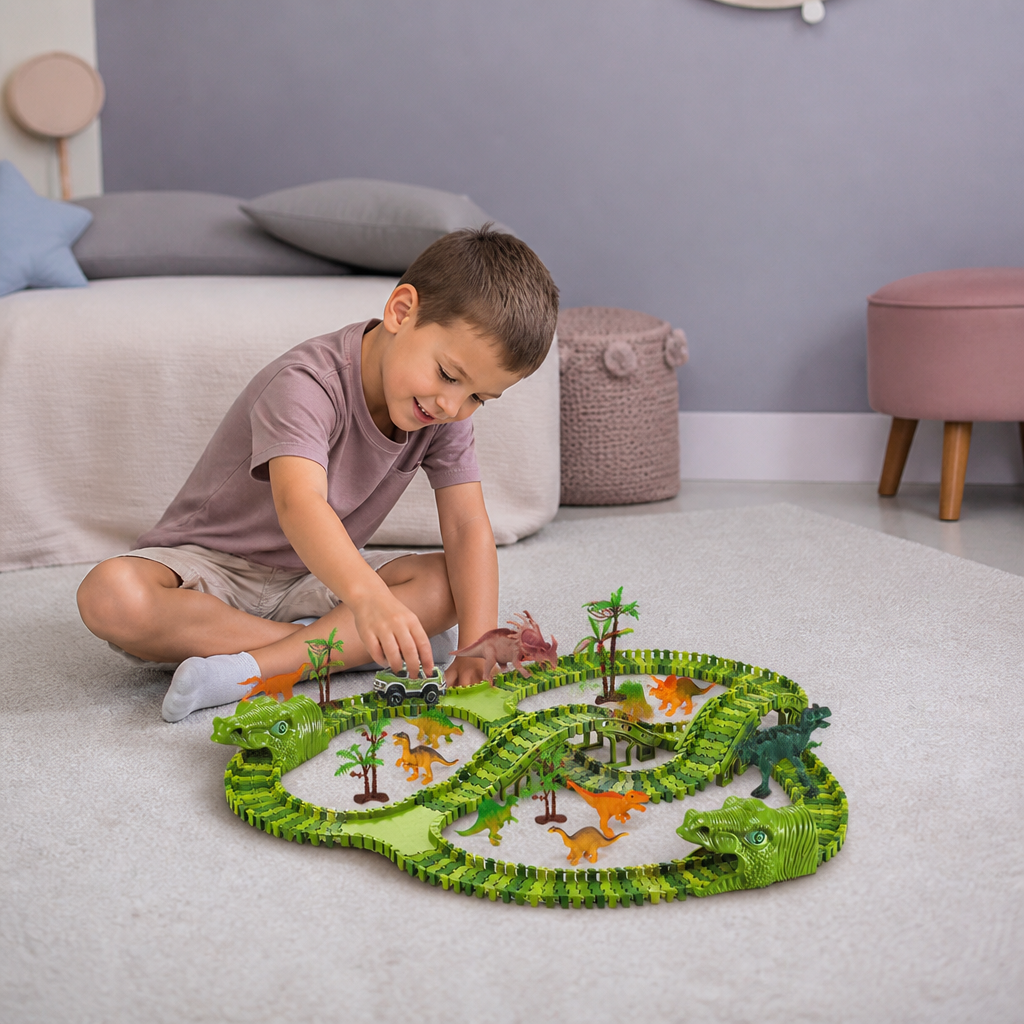 Set da 215 pezzi per pista da corsa con dinosauri, auto motorizzate, ponte e figurine di dinosauri
