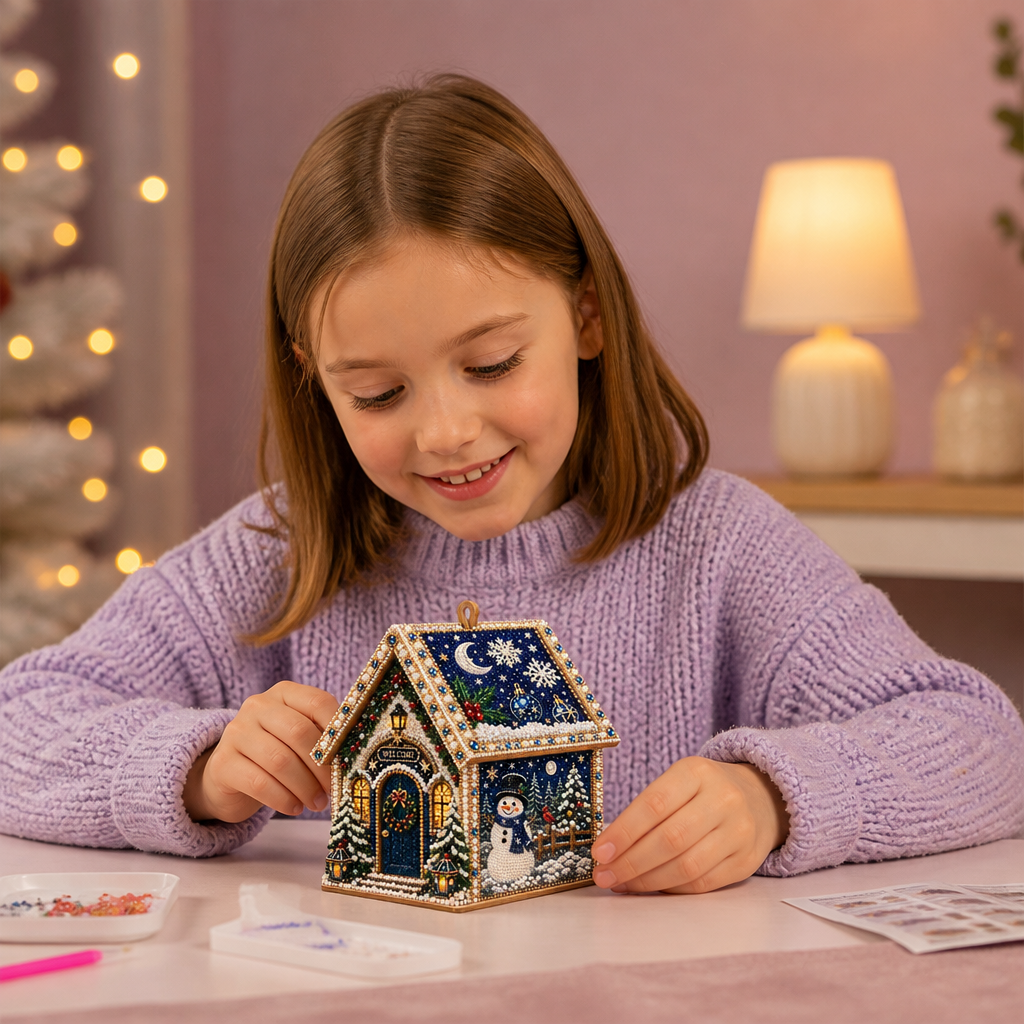 Kit DIY per Puzzle 3D in Legno a Forma di Casa di Pan di Zenzero con Diamond Art