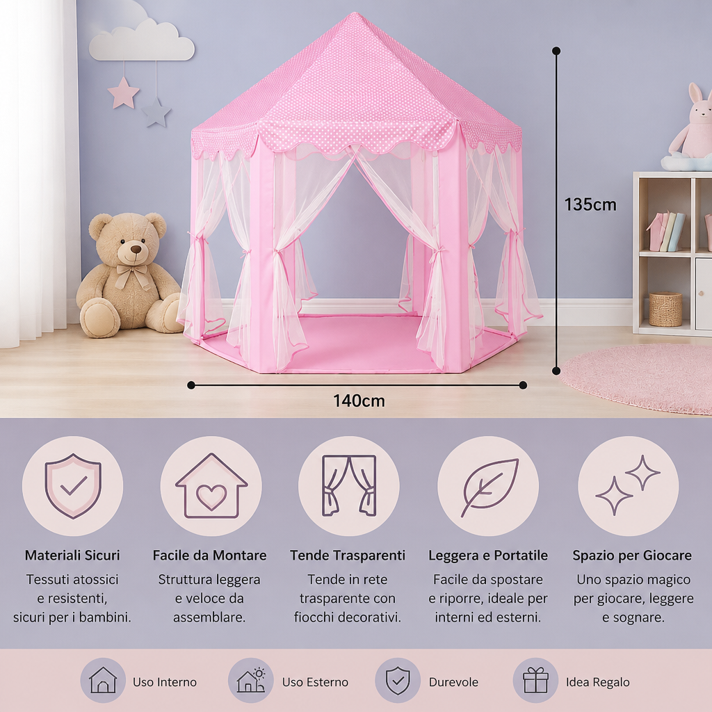 Tenda da gioco a forma di castello da principessa per interni ed esterni
