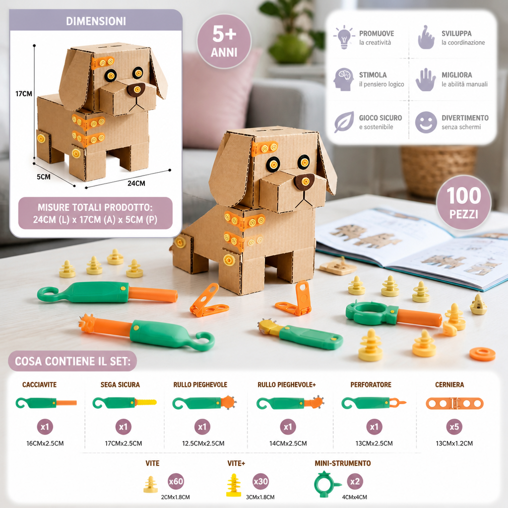 Kit da Costruzione STEM Sicuro da 100 Pezzi in Cartone con Set di Attrezzi per Bambini