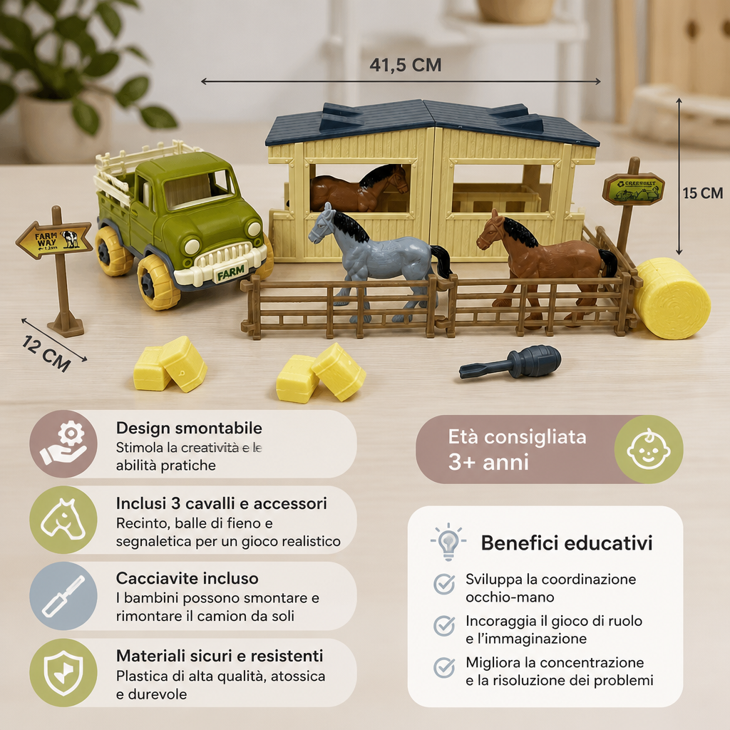 Set Gioco Fai da Te per Bambini con Camion Agricolo Smontabile e Scuderia per Cavalli