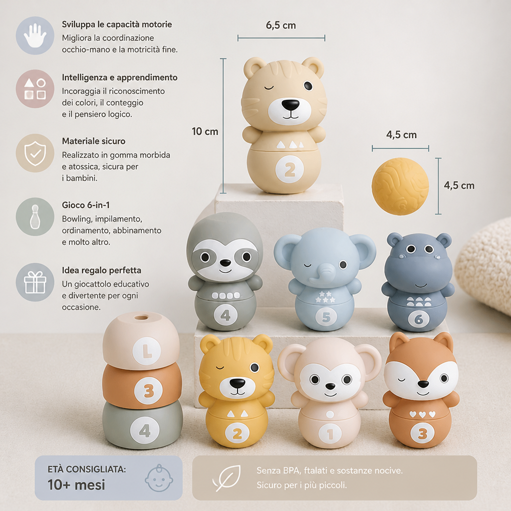 Gioco Montessori 6 in 1 di Bowling e Impilamento con Animali Morbidi in Gomma per Bambini
