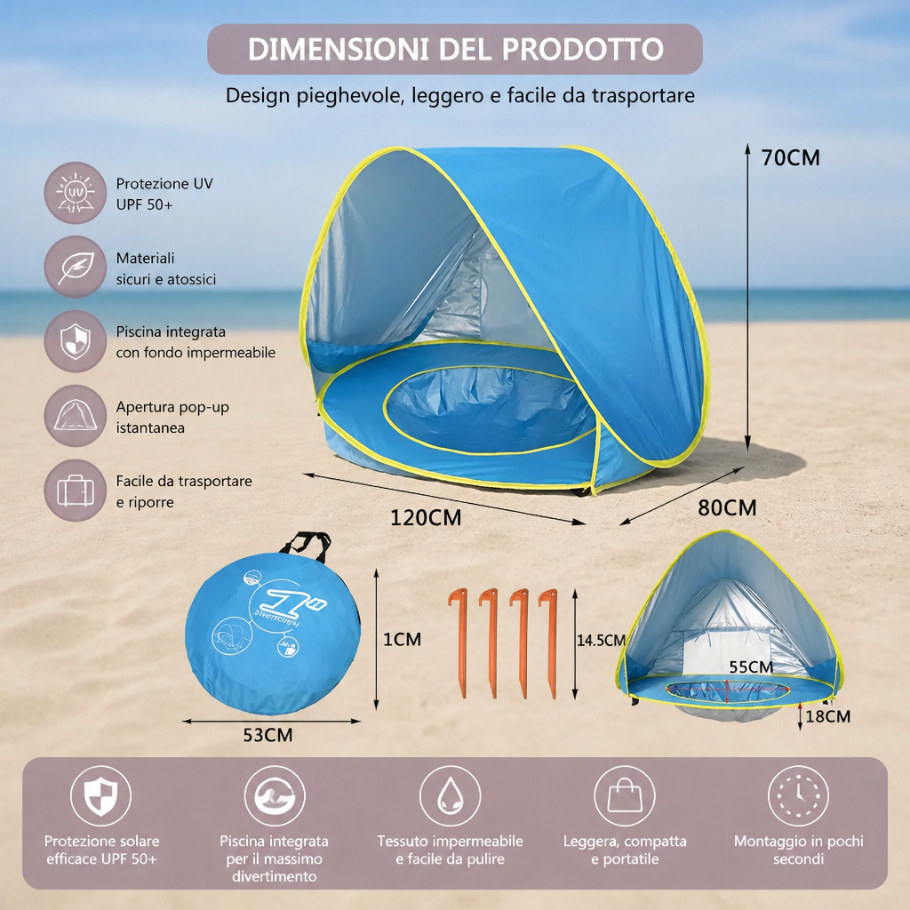 Pop-Up Baby Beach Tent con Piscina Integrata e Protezione UV – Ombrellone Portatile per Bambini