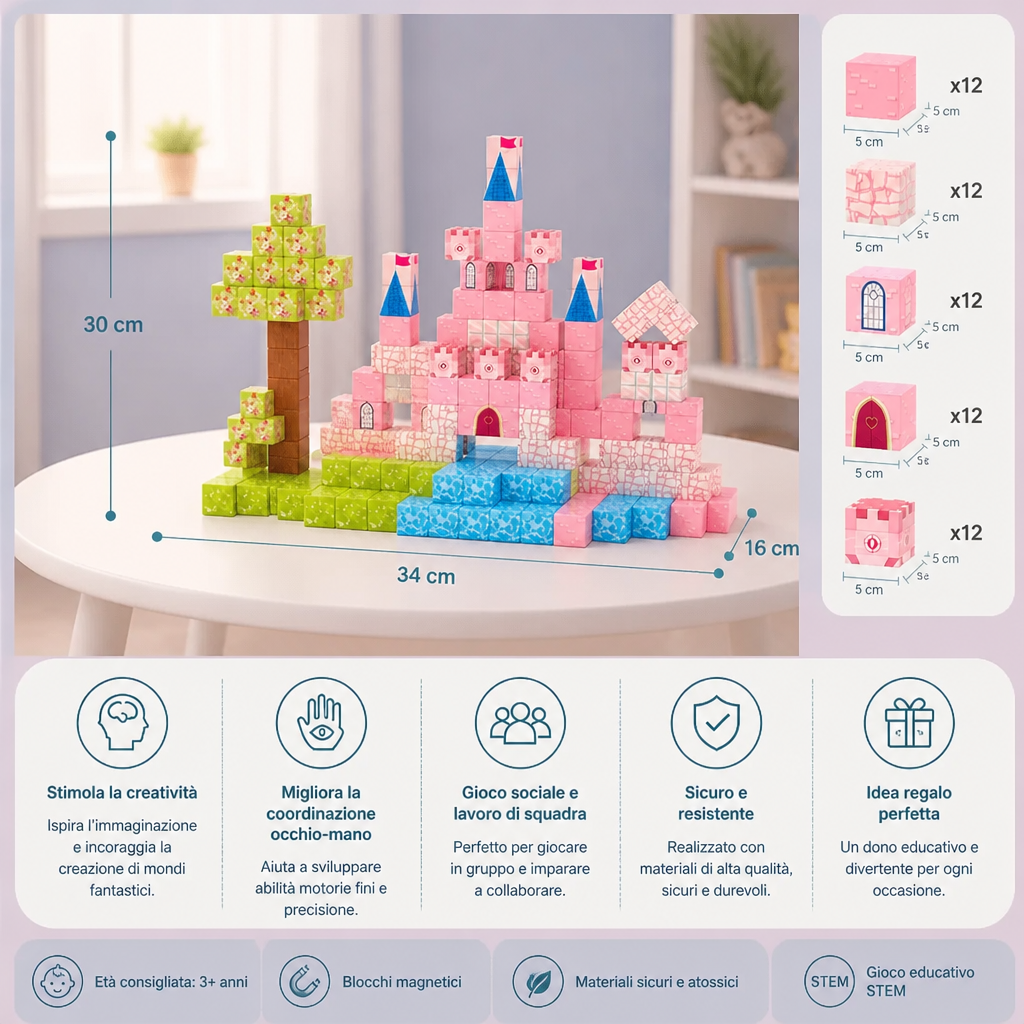 Set di Blocchi Magnetici da Costruzione Montessori Castello da Sogno della Principessa