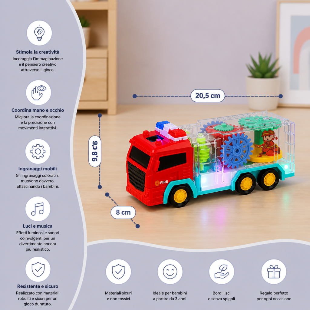 Giocattolo Interattivo Camion dei Pompieri con Ingranaggi Colorati e Mobili