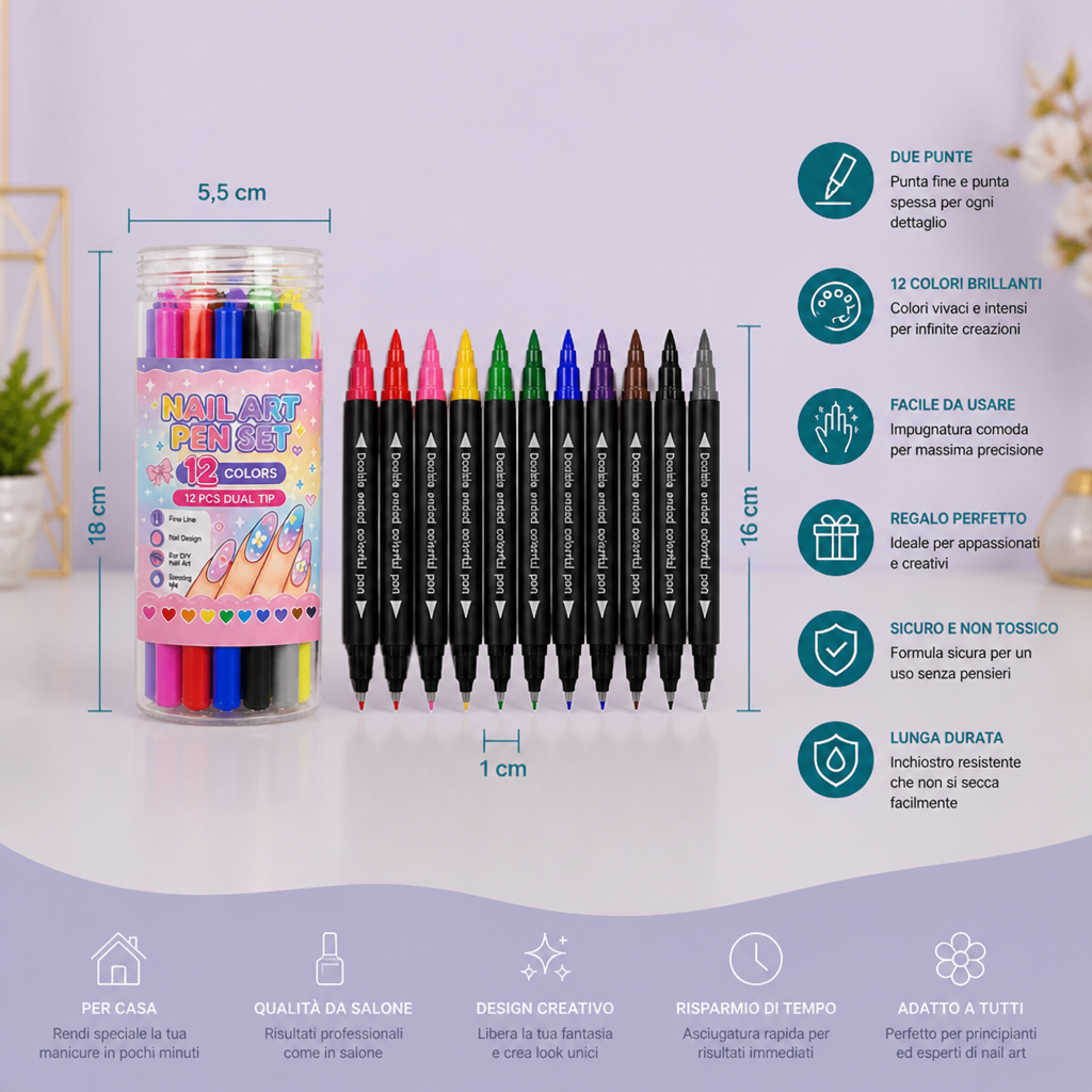 Set di 12 Pennarelli per Nail Art a Doppia Punta – Dettagli Precisi e Design Creativi