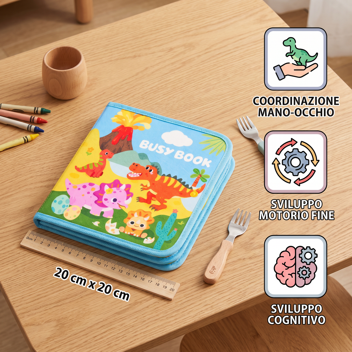 Libro di Attività Montessori 8 in 1 con Dinosauri per Bambini Piccoli