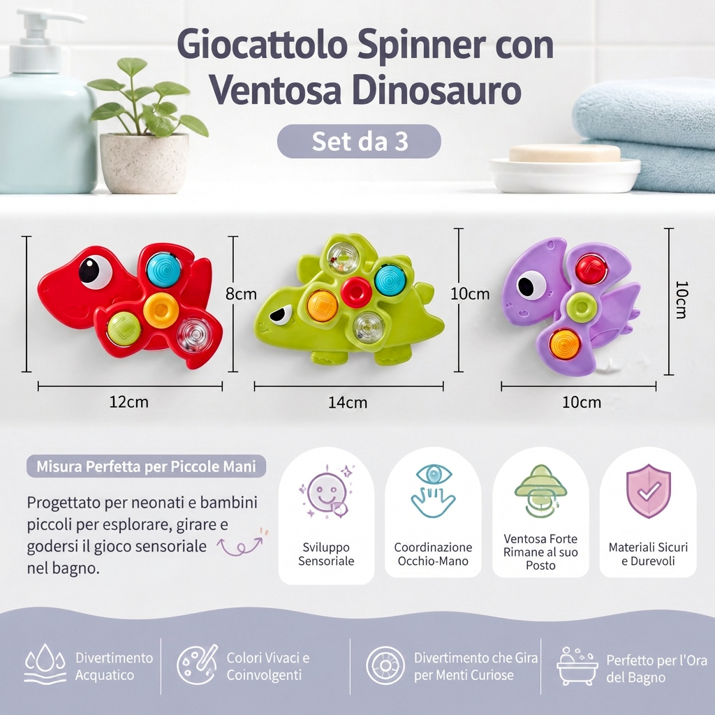 Set di 3 Girandole a Ventosa a Forma di Dinosauro per Neonati e Bambini Piccoli