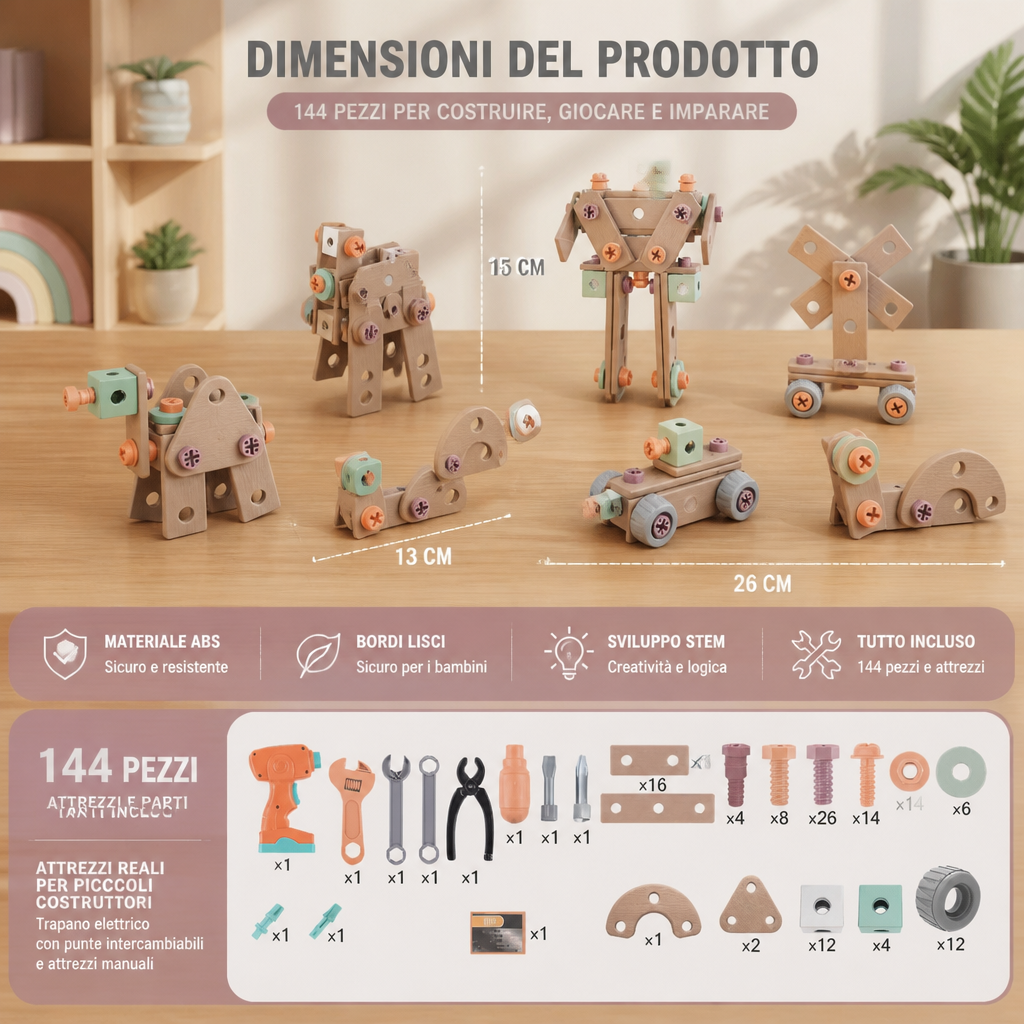 Set da 144 Pezzi per Attrezzi da Bambini con Trapano e Valigetta – Kit di Costruzione STEM Montessori