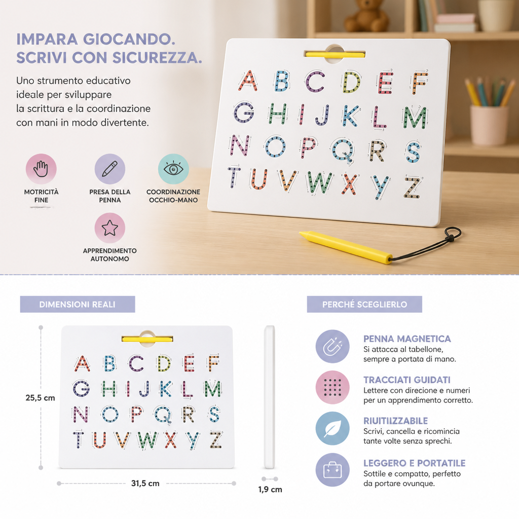 Tavola Magnetica 2-in-1 per Ricalcare le Lettere Maiuscole e Minuscole