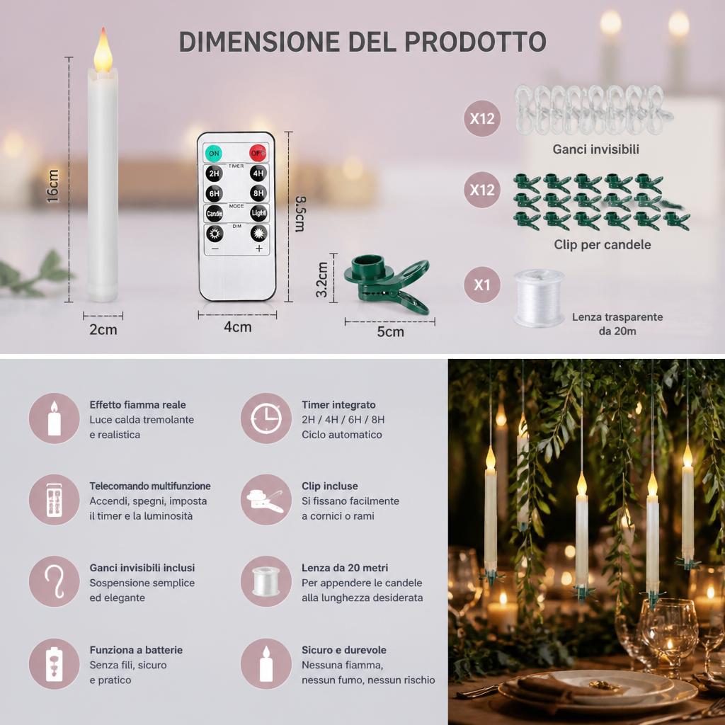 Candele LED Fluttuanti Controllate con Bacchetta Magica e Ganci per Appendere