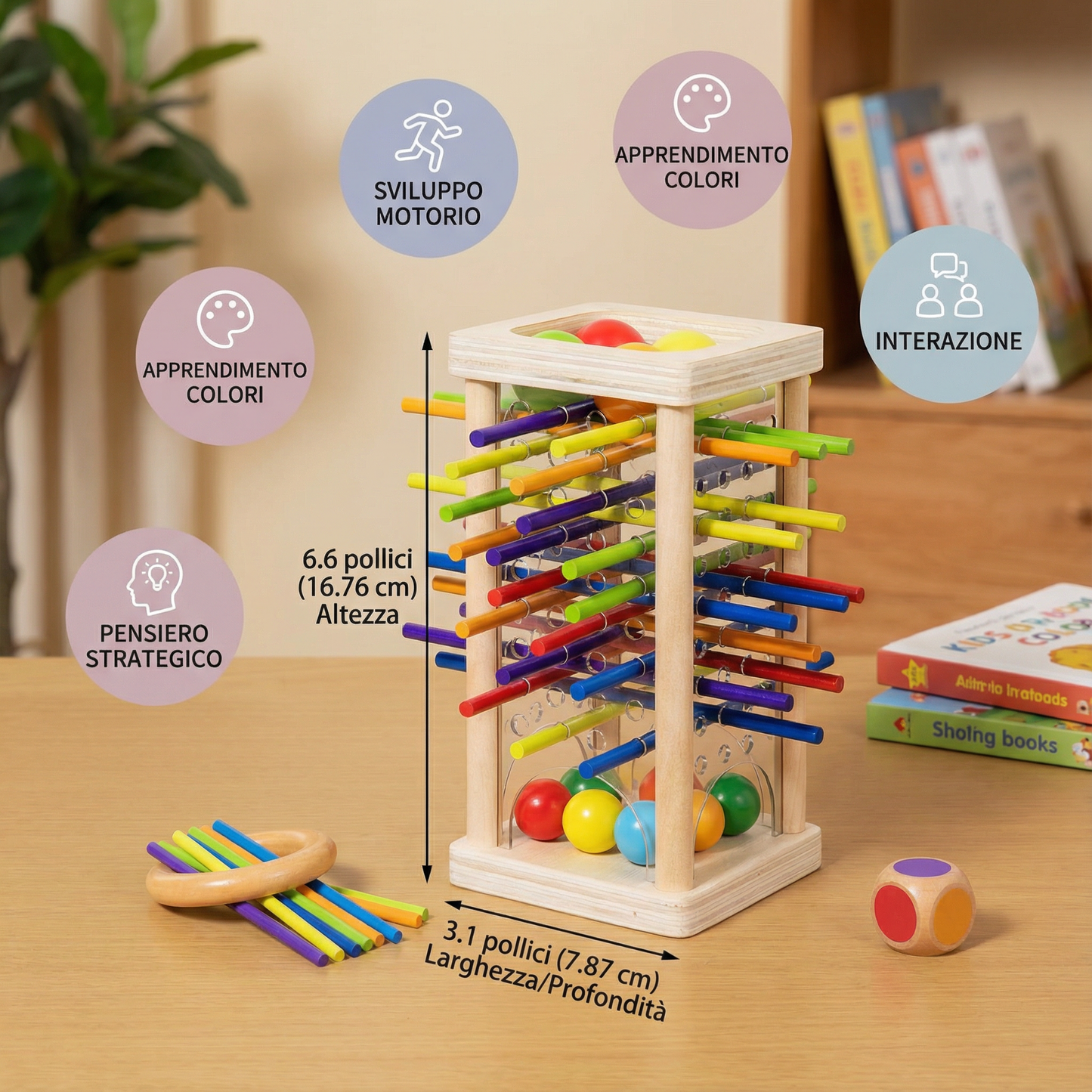 Gioco educativo 3 in 1 in legno con palline e bastoncini per la destrezza