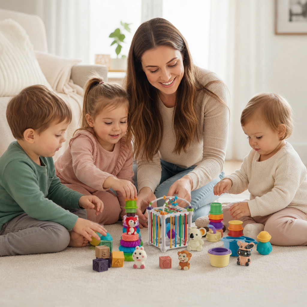 Set Sensoriale Montessori 5-in-1 per Neonati in Gomma Morbida con Giochi per Impilare e Ordinare – 26 Pezzi