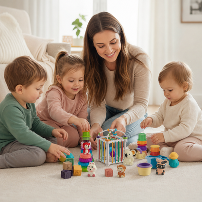 Set Sensoriale Montessori 5-in-1 per Neonati in Gomma Morbida con Giochi per Impilare e Ordinare – 26 Pezzi