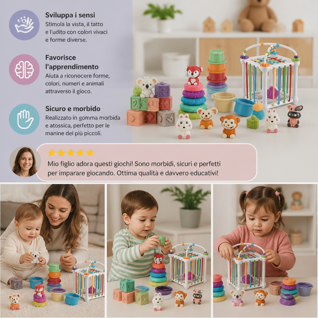 Set Sensoriale Montessori 5-in-1 per Neonati in Gomma Morbida con Giochi per Impilare e Ordinare – 26 Pezzi