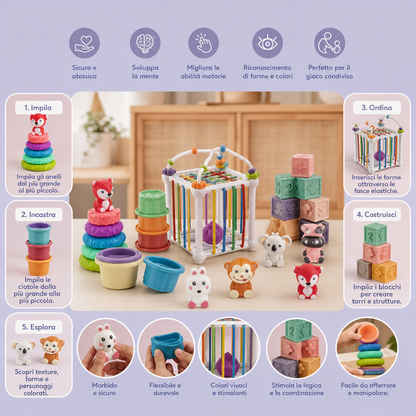 Set Sensoriale Montessori 5-in-1 per Neonati in Gomma Morbida con Giochi per Impilare e Ordinare – 26 Pezzi