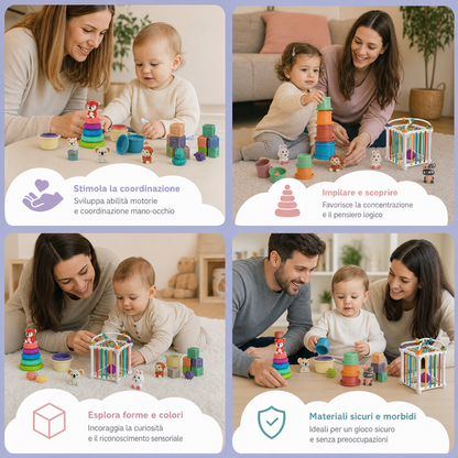 Set Sensoriale Montessori 5-in-1 per Neonati in Gomma Morbida con Giochi per Impilare e Ordinare – 26 Pezzi