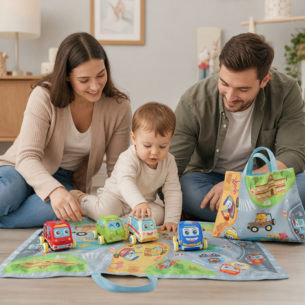 Set di Auto Morbide in Peluche con Retromarcia, Tappetino da Gioco 2 in 1 e Borsa Portaoggetti