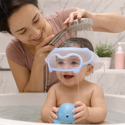 Visiera regolabile per neonati con protezione a 360° per occhi e orecchie da acqua e shampoo