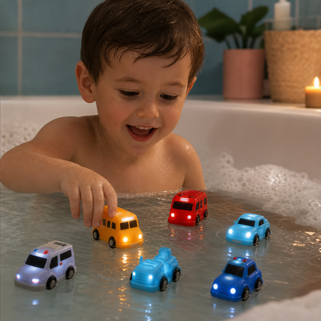 Set di macchinine luminose da bagno – Giochi da bagno per neonati attivati dall’acqua