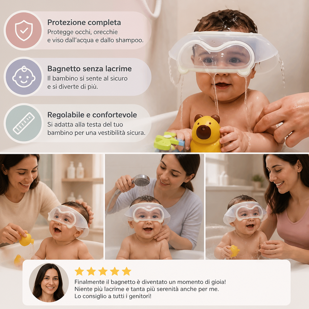 Visiera regolabile per neonati con protezione a 360° per occhi e orecchie da acqua e shampoo