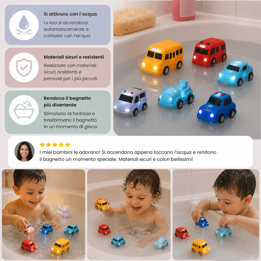 Set di macchinine luminose da bagno – Giochi da bagno per neonati attivati dall’acqua
