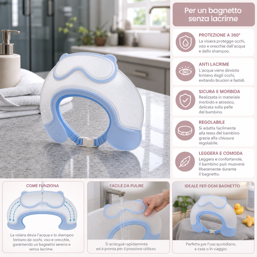 Visiera regolabile per neonati con protezione a 360° per occhi e orecchie da acqua e shampoo
