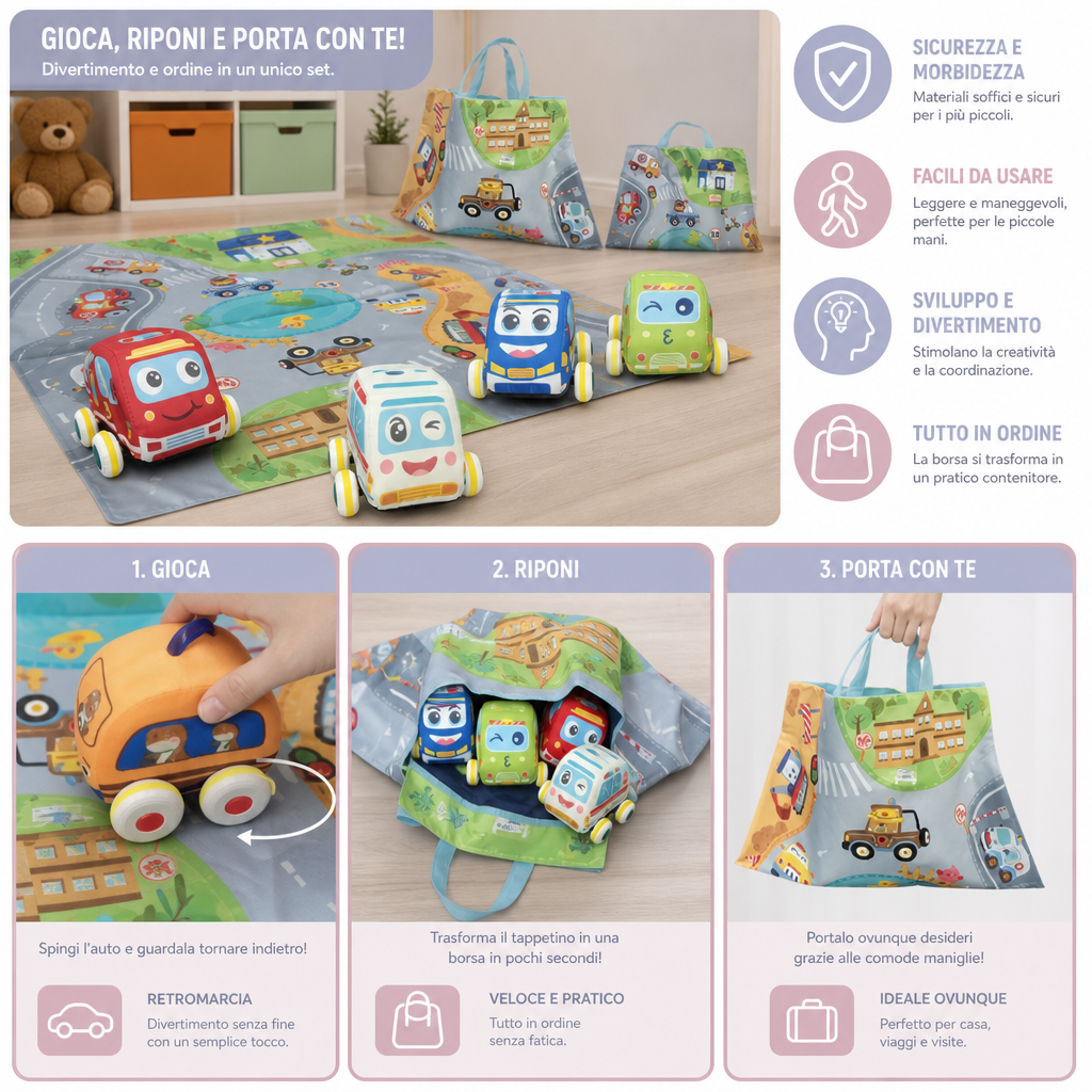 Set di Auto Morbide in Peluche con Retromarcia, Tappetino da Gioco 2 in 1 e Borsa Portaoggetti