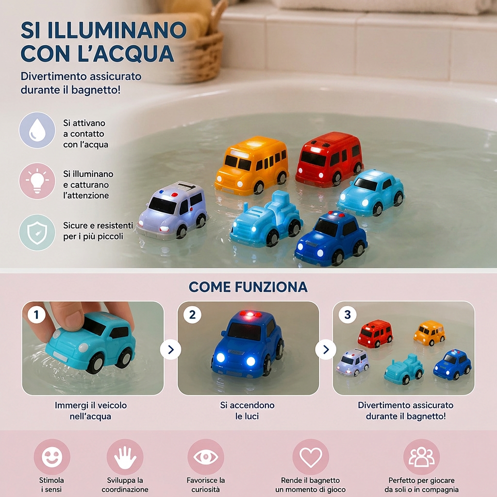 Set di macchinine luminose da bagno – Giochi da bagno per neonati attivati dall’acqua