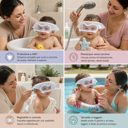 Visiera regolabile per neonati con protezione a 360° per occhi e orecchie da acqua e shampoo