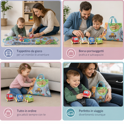 Set di Auto Morbide in Peluche con Retromarcia, Tappetino da Gioco 2 in 1 e Borsa Portaoggetti