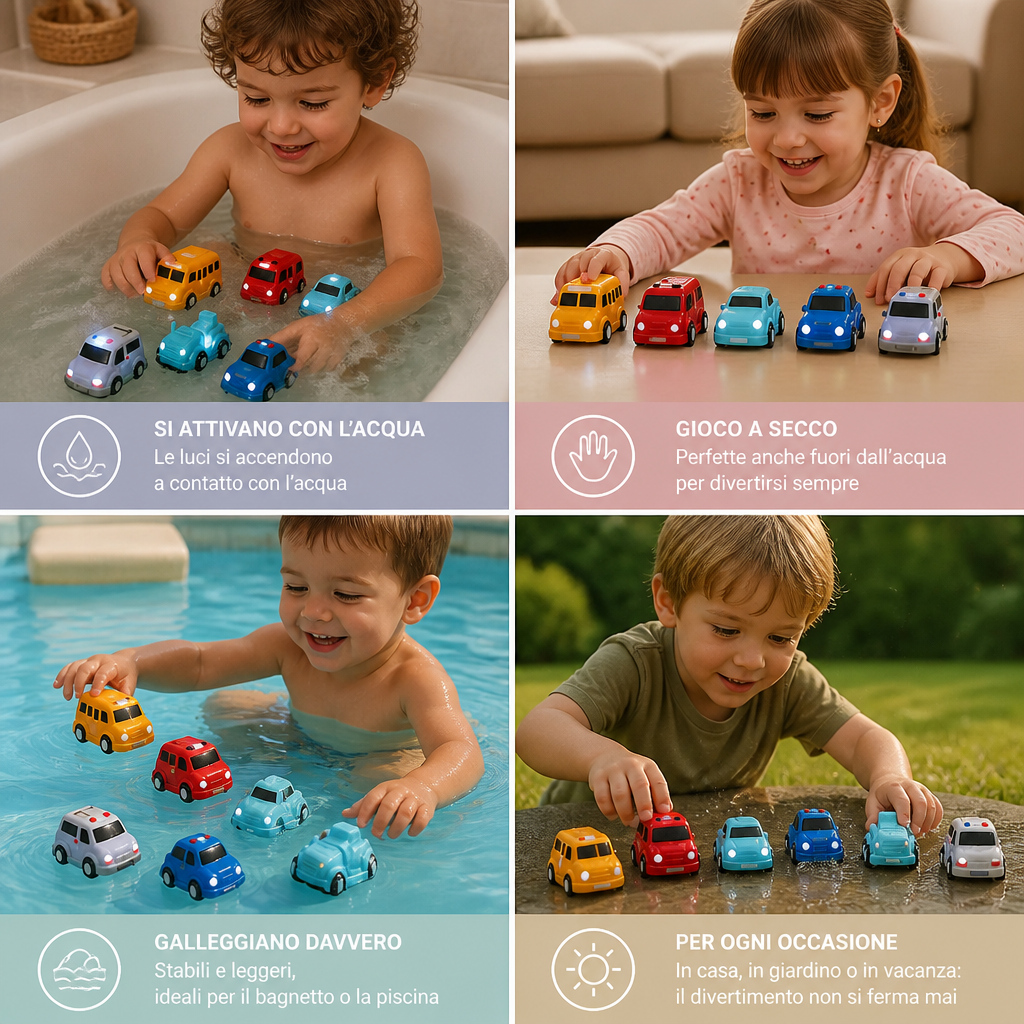 Set di macchinine luminose da bagno – Giochi da bagno per neonati attivati dall’acqua