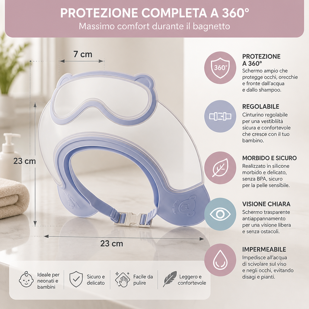 Visiera regolabile per neonati con protezione a 360° per occhi e orecchie da acqua e shampoo
