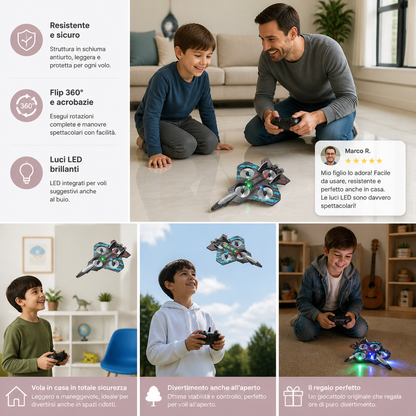 Drone RC a forma di caccia in schiuma resistente per voli al chiuso e all’aperto – Flip a 360° e luci LED