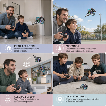 Drone RC a forma di caccia in schiuma resistente per voli al chiuso e all’aperto – Flip a 360° e luci LED