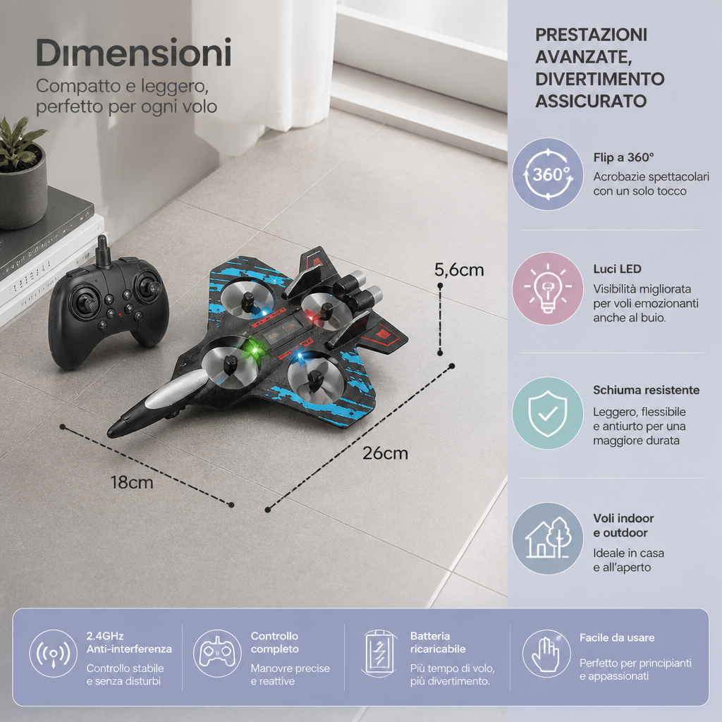 Drone RC a forma di caccia in schiuma resistente per voli al chiuso e all’aperto – Flip a 360° e luci LED
