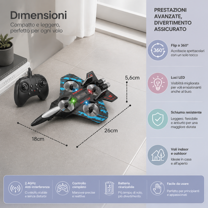 Drone RC a forma di caccia in schiuma resistente per voli al chiuso e all’aperto – Flip a 360° e luci LED